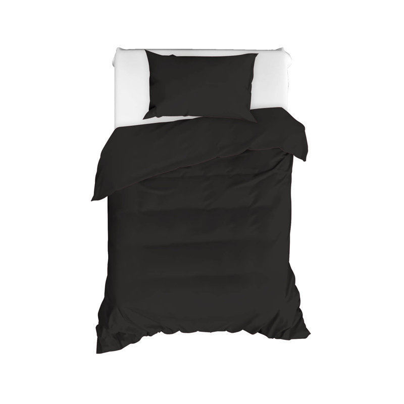 Ensemble de housse de couette simple 100% coton Ranforce, couleur noire | Housse de couette: 63 x 87, taie d'oreiller: 20 x 28 | Lavable à la machine à 30 ° C, 142 fils | Fermeture à boutons pour housse de couette et enveloppe pour taie d'oreiller