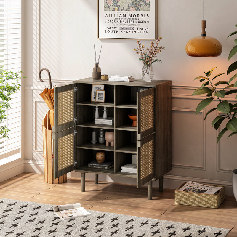 4-Doors Rattan Mesh Storage Cabinet, Sideboard With Eight Storage Spaces, For Entryway, Living Room, Hallway (Grey With Woodgrain)