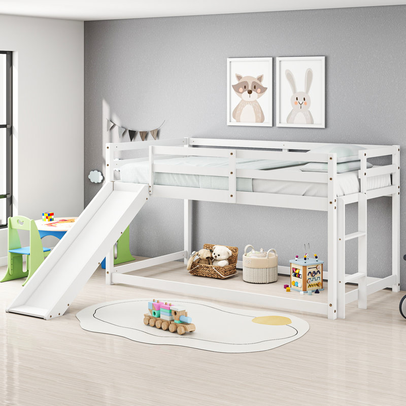 Low Bunk Bed with Slide, Floor Loft Bed with Climbing Ladder, Wood Twin Bunk Bed Frame with Full Guardrails & Storage Space for Kids Toddler