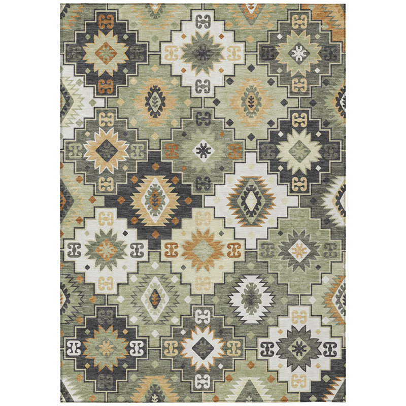 Tapis intérieur lavable 3 pi x 5 pi vert or et charbon Southwestern