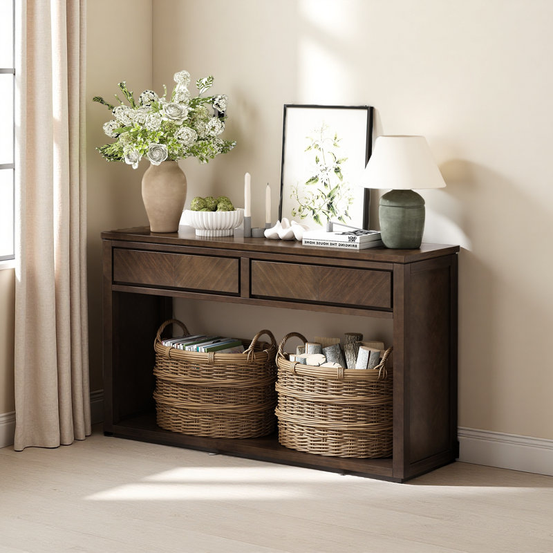 Console, table d'entrée en bois rustique avec tiroirs de rangement et tablette ouverte, Brun