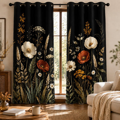 2Pcs Wildflower Botanical Sun Blocking Curtains, Artistic Floral Print Grommet, Vintage Meadow Flower for Living Room Bedroom for Home Dector