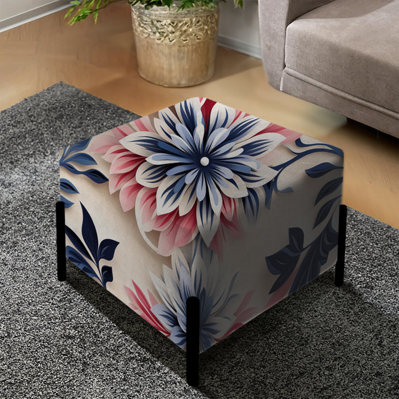 Repose-pieds carré bleu à motif floral damassé bleu et rose
