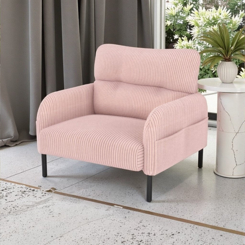 Chaise d'appoint en velours côtelé ergonomique avec poches latérales, structure en bois massif, Rose
