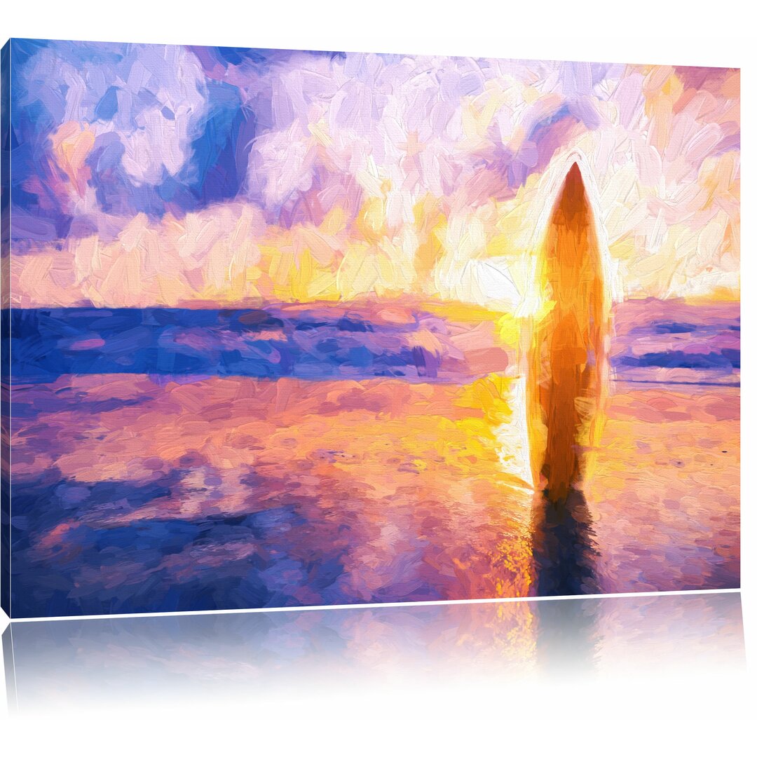 Leinwandbild "Surfbrett am Strand bei Sonnenuntergang", Grafikdruck