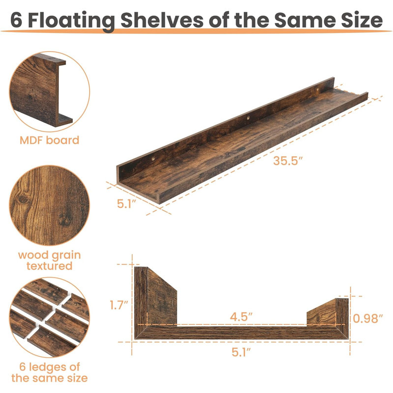 Floating Shelves For Wall Decor And Storage, Set Of 6 Wooden Wall Mounted Shelves For Living Room, Bedroom, Bathroom, Kitchen, Long Picture Ledge Shelves With Elegant Design