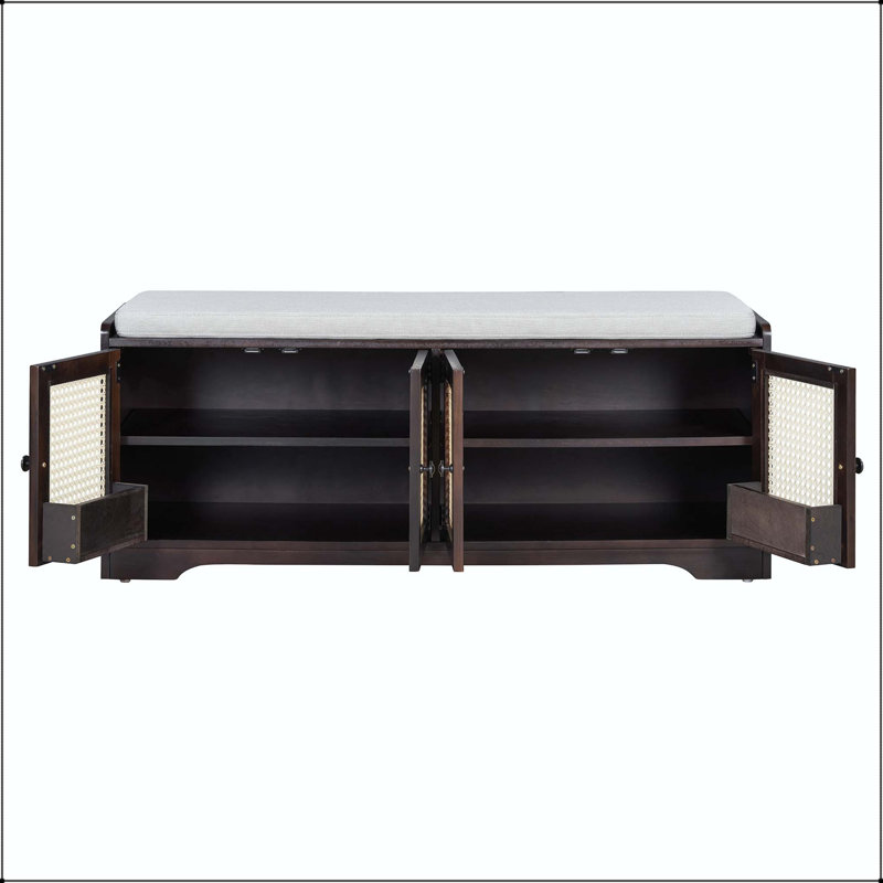 Rustic Storage Bench with Woven Rattan Doors & Adjustable Shelves