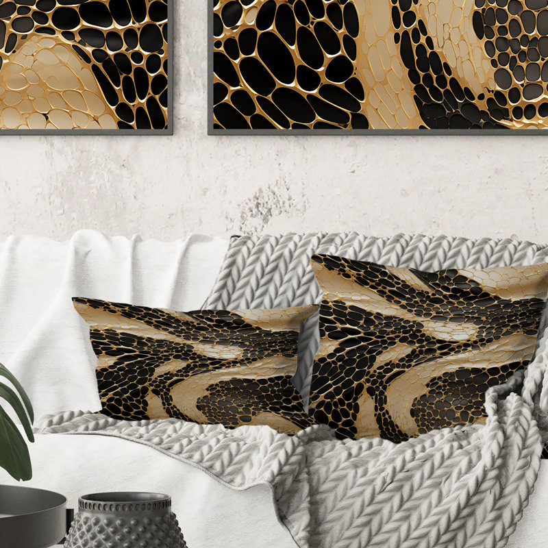 Gilded Opulence In Black & Gold I - Marble Polyester Throw Pillow, 18"H x 18"W