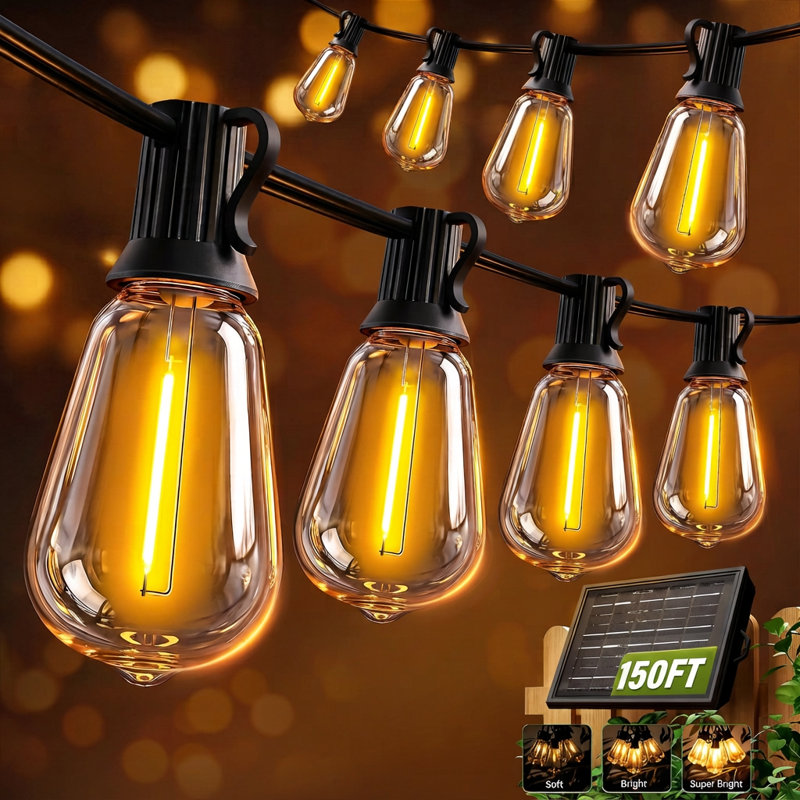 150FT Solar String Lights Outdoor Waterproof with Remote & Timer, LED Shatterproof ST38 Bulbs