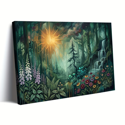 Enchanted Magical Forest with Sunlight Waterfall Canvas Art, Wrapped Canvas, Ready to Hang