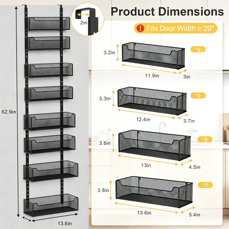Organisateur au-dessus de la porte avec paniers en filet entièrement fermés, support à épices réglable à 8 niveaux pour garde-manger, rangement en métal robuste pour la salle de bain de la cuisine, fixation murale ou de porte 2-en-1