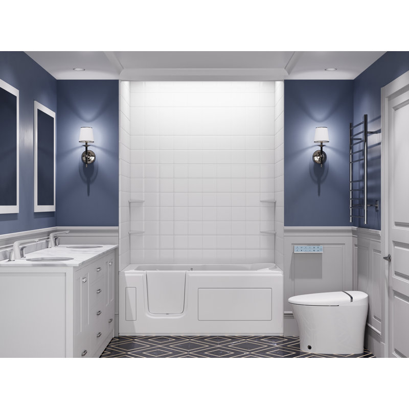 Baignoire tourbillon à drain à gauche 30 po x 60 po en blanc avec ensemble de douche à carreaux 6 po Tub'n Wall Series