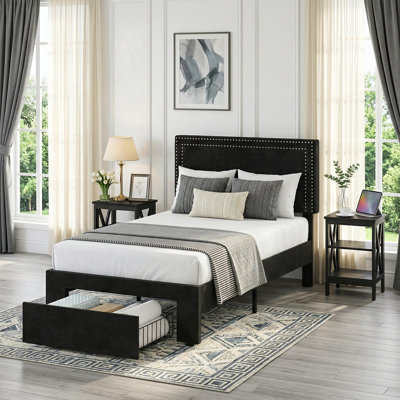 Storage Bed With 4 Drawers And 3-Tier Nightstand Bedroom Set Platform Velvet Bed With Under-Bed Storage, Modern Upholstered Bed Set