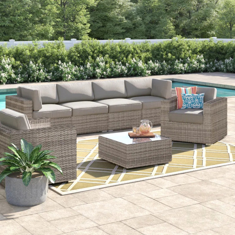 Ensemble de canapé de patio en osier 6 places avec table basse et chaise LSI
