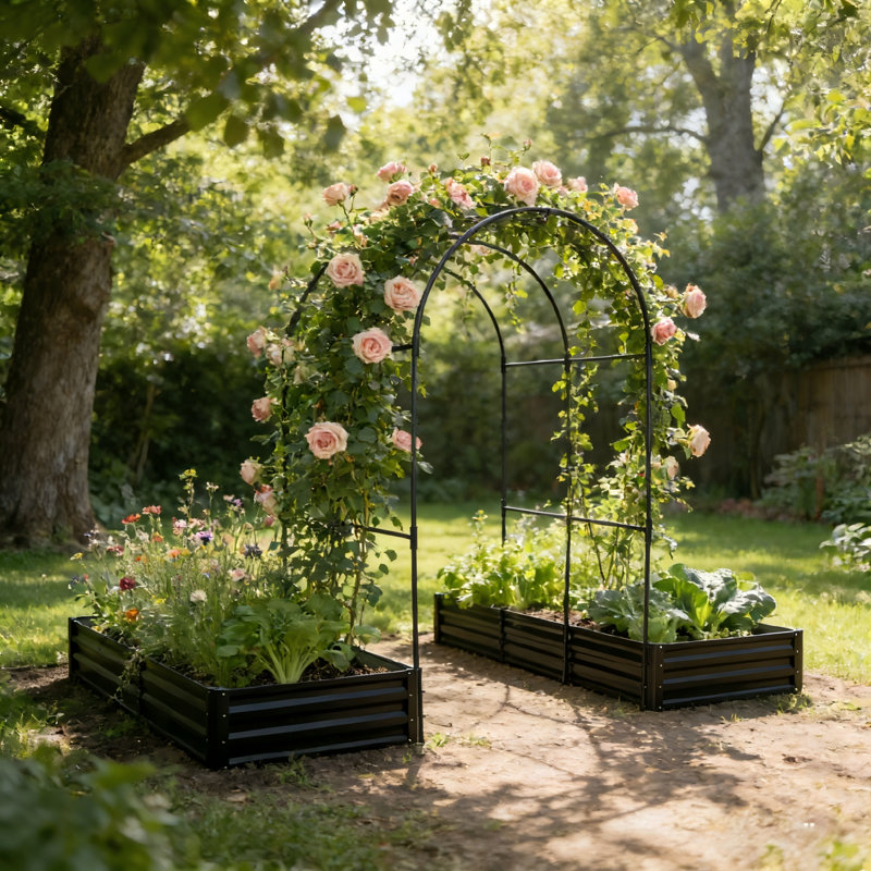 Ensemble de 2 jardinières spacieuses en acier, treillis arqué moderne pour patio