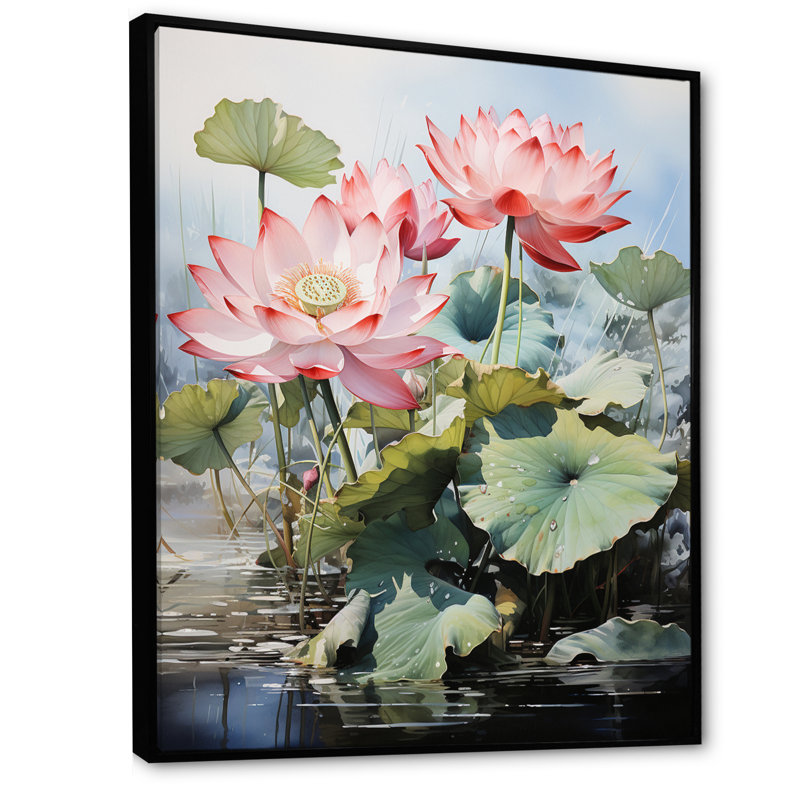 Art bouddhiste rose vert lotus - impression d'art mural bouddhisme, Cadre flottant noir, H 44 po x l 34 po x P 1,5 po