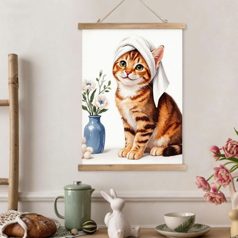 Spa Day, chat tigré, art mural à volutes suspendues, cintre en bois intégré, 16 x 24