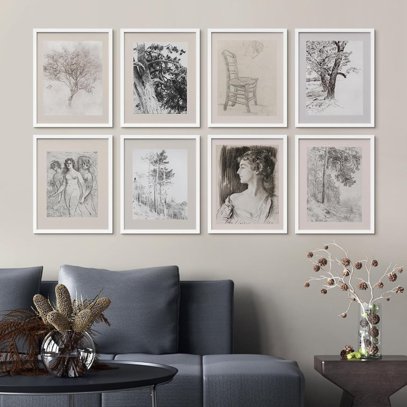 Arbre de forêt naturelle, portrait de femme, croquis rétro, 8 pièces, H 10 po x l 8 po x P 1 po, Blanc