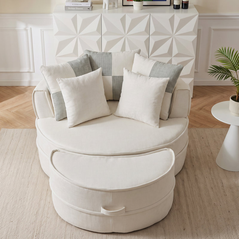 47'' Oversized Round Chenille Chaise Lounge Sofa (With Ottoman), Beige