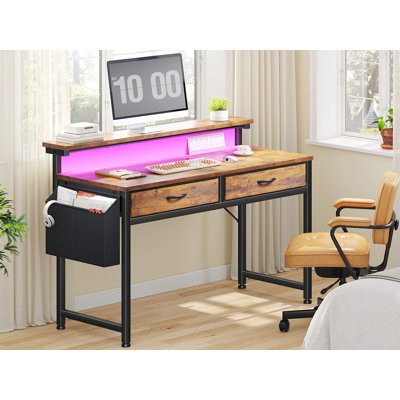 Small Computer Desk With 2 Drawers & LED Lights,Home Office Desks With Side Pocket And Monitor Stand by Wrought Studio