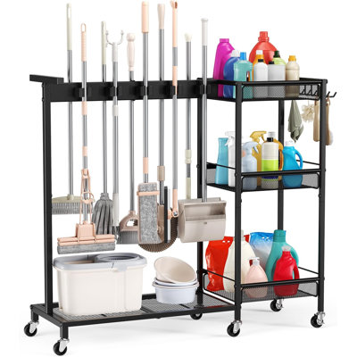 Broom Holder With Cleaning Supplies Organizer, Cleaning Utility Cart On Wheels, 10 Clips & 7 Hooks