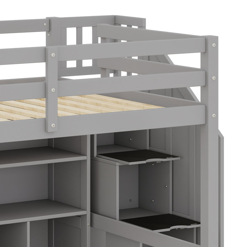 Multiple Functions Wood Loft Bed With L-Shaped Desk，Drawers, Cabinet And Storage Staircase, Gray