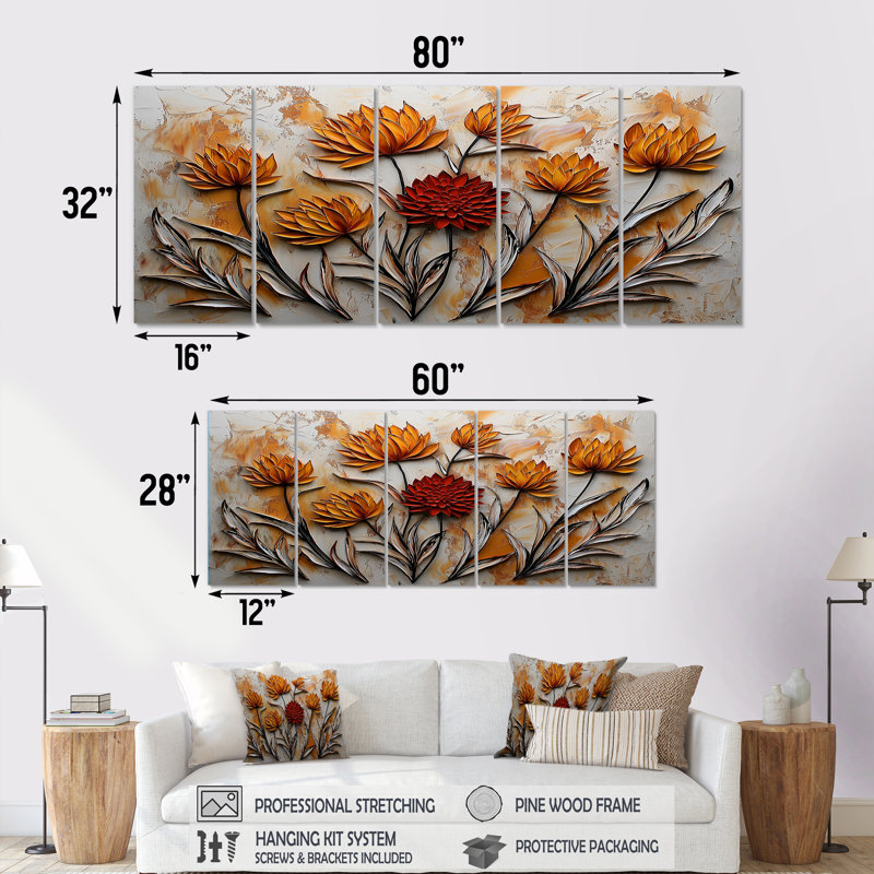 Coucher de soleil chardon, harmonie II - ensemble de 5 pièces d'art mural traditionnel, H 32 po x l 80 po