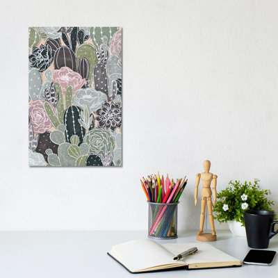 White Outlined Cactus Florals 1 Piece Wrapped Canvas Wall Art