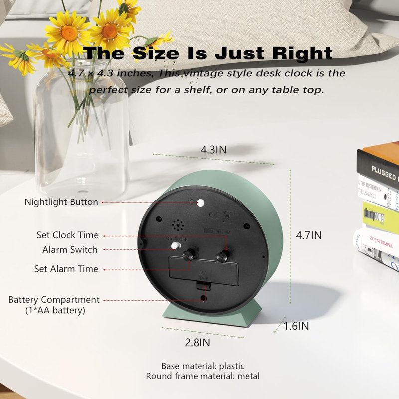 Réveil-matin analogique 4,5 po, petite horloge de bureau rétro à pile, horloge de table en métal Slient avec éclairage pour décor de salon, chambre à coucher, chevet, tablette (vert)