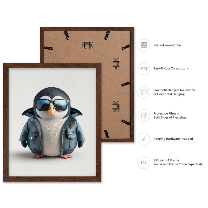Bébé manchot à lunettes de soleil, 24"H x 32"W, Poster, Brown Framed