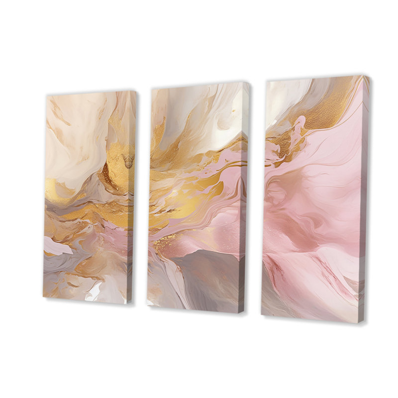 " Exquisite Symphony Abstract Pink And Gold Pastel " 3 - Pieces, 40" H x 60" W x 1" D