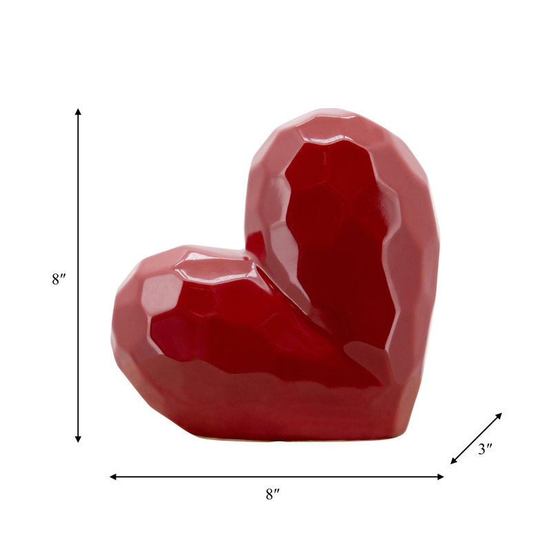 Millsap Ceramic Geometric Heart Sculpture, 8" H x 3" W x 8" D, Red