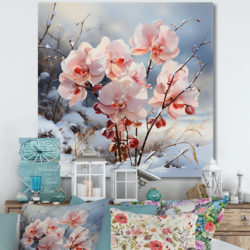 Charme d'orchidées roses en hiver, H 16 po x l 16 po x P 1 po, Toile tendue
