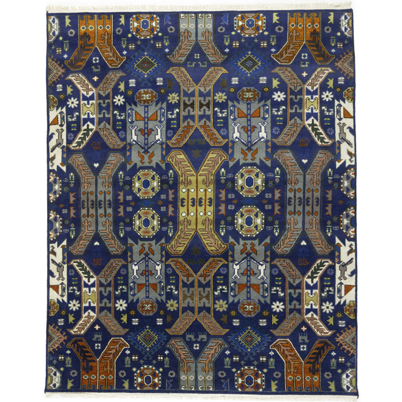 Tapis géométrique bleu en laine noué à la main 8 pi x 9 pi 10 po Sinaikin 