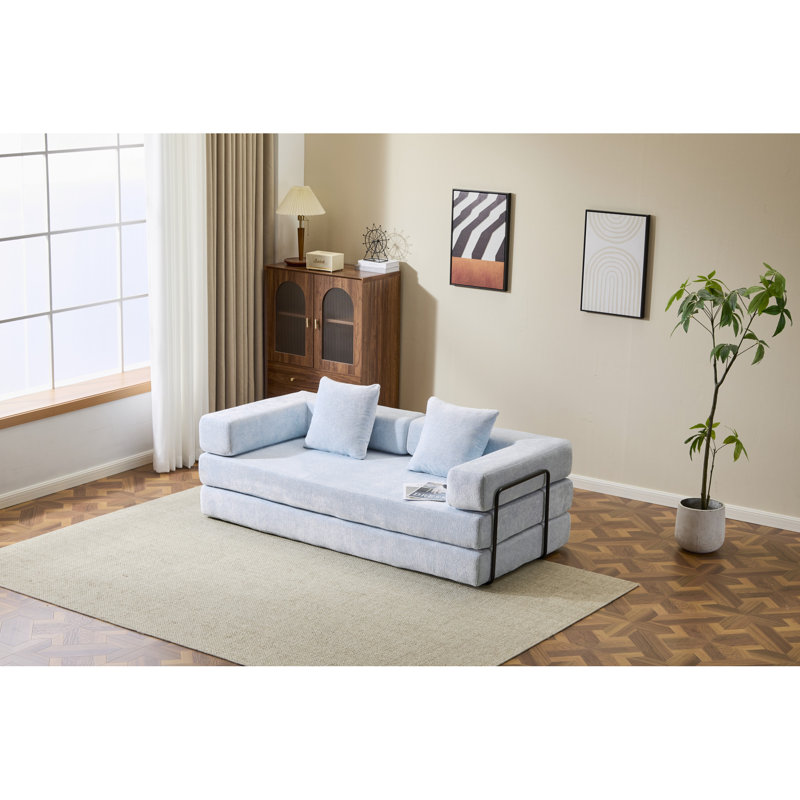 Compresseur convertible bleu à 3 places, lit futon avec dossier coussiné, accoudoirs et tissu chenille pour le lit Relax Time de la chambre à coucher, canapé-lit de bureau