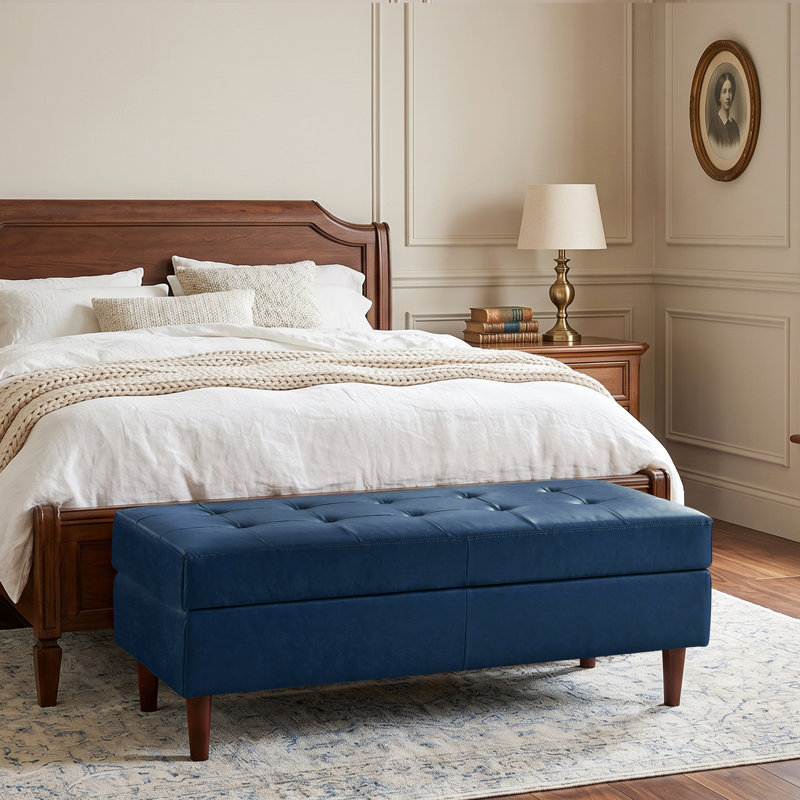 Faux Leather Ottoman Bench With Tufted Seat, Padded Upholstered Bench For Bedroom, Entryway, Dining Room, Blue