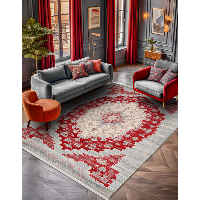 Marisol Burgundy Beige Gray Oriental Machine Printed Cotton Polyester Area Rug, Round 3'4"