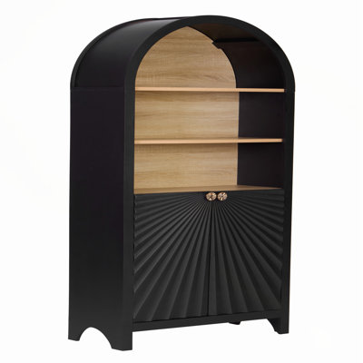 Bibliothèque Mid-Century moderne à 5 niveaux avec rangement arquée, noire, idéale pour une présentation organisée et un décor élégant.