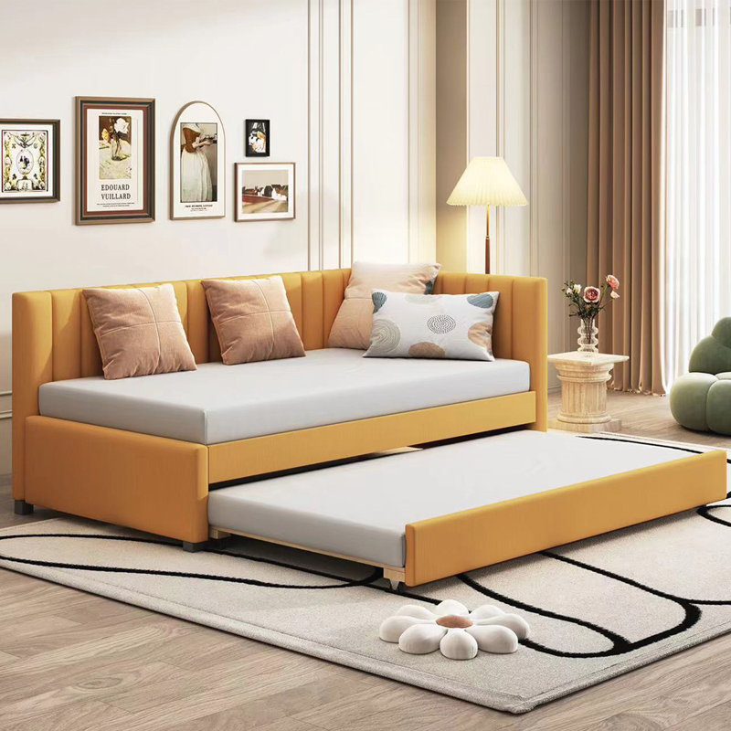 Upholstered Daybed with Trundle, Linen Fabric, No Box Spring Needed, Space-Saving and Durable, Twin, Yellow