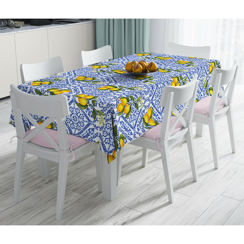Italian Lemons and Blue Patterned Tablecloth Perfect for Spring and Summer Decorating