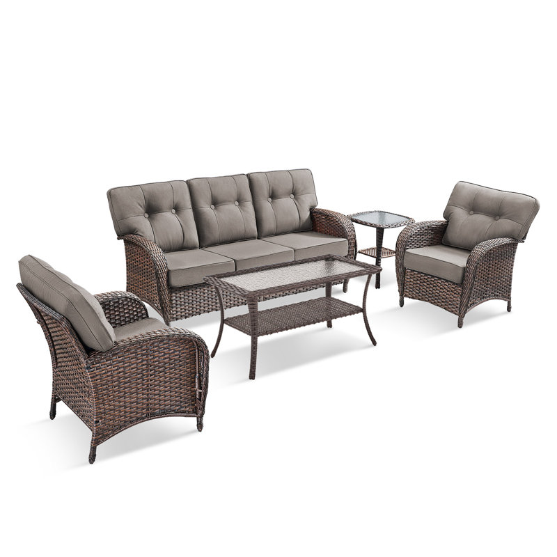 Fiorillo 5-Piece Outdoor Wicker Patio Conversation Set With 5" Thick Cushions And 2 Lounge Chairs, Gray