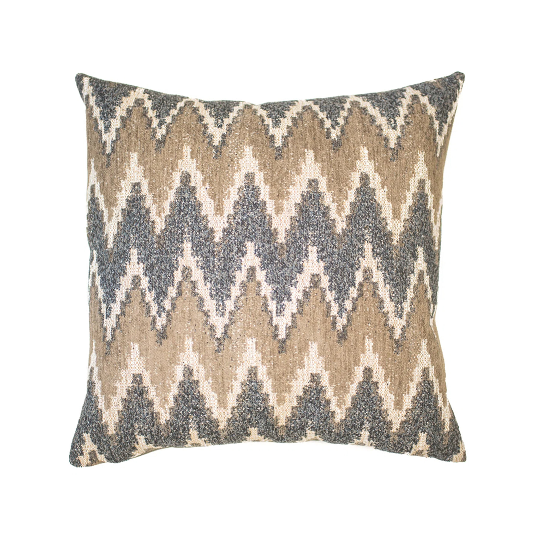 Square throw pillow with a textured zigzag chevron pattern in shades of charcoal grey, taupe, and cream.
