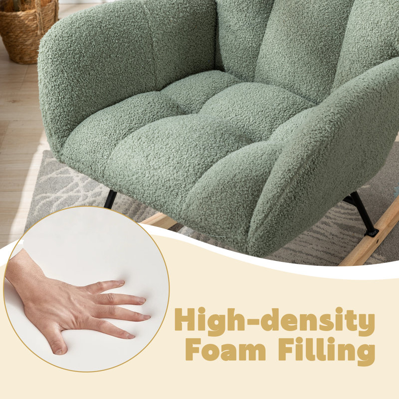 Modern Tufted Teddy Fleece Rocking Chair with Side Pocket, Glider Chair for Nursery & Living Room, Comfy Upholstered Rocker with Wood Sled Base& Metal Frame