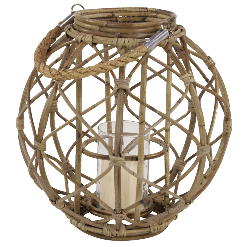 Lanterne ronde en rotin tissé rustique, Brun, H 10,5 po x l 13 po x P 13 po