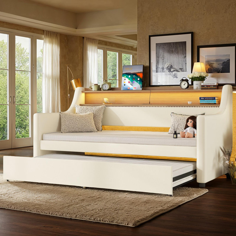PU Leather Upholstered Twin Daybed with Trundle and LED, White