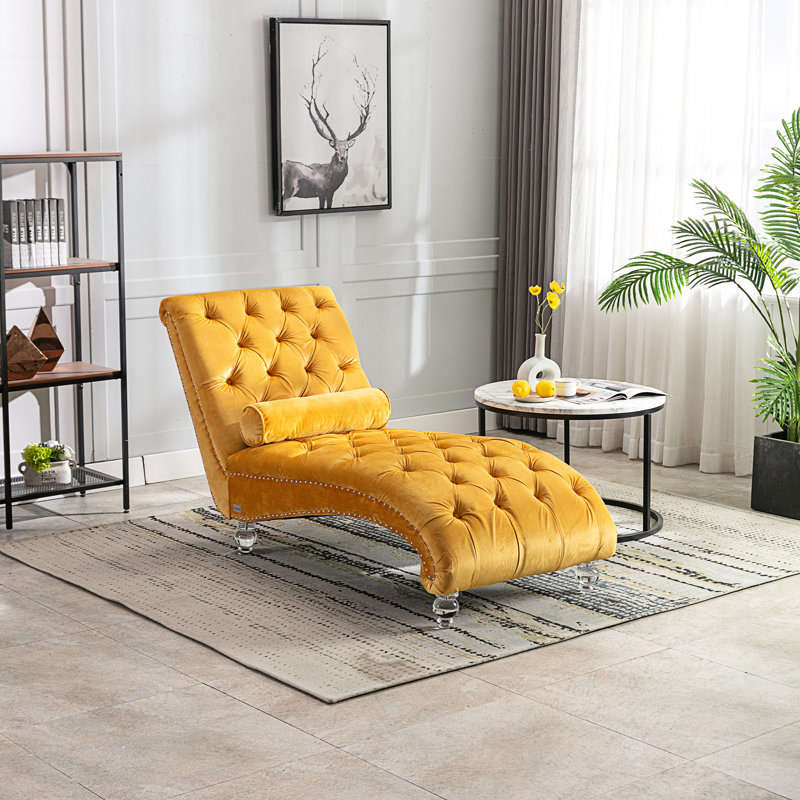 Chaise longue d'intérieur rembourrée capitonnée à boutons avec coussin, Moutarde