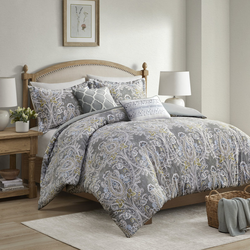 Elegant Grey Damask 5-Piece Cotton Duvet Cover Set
