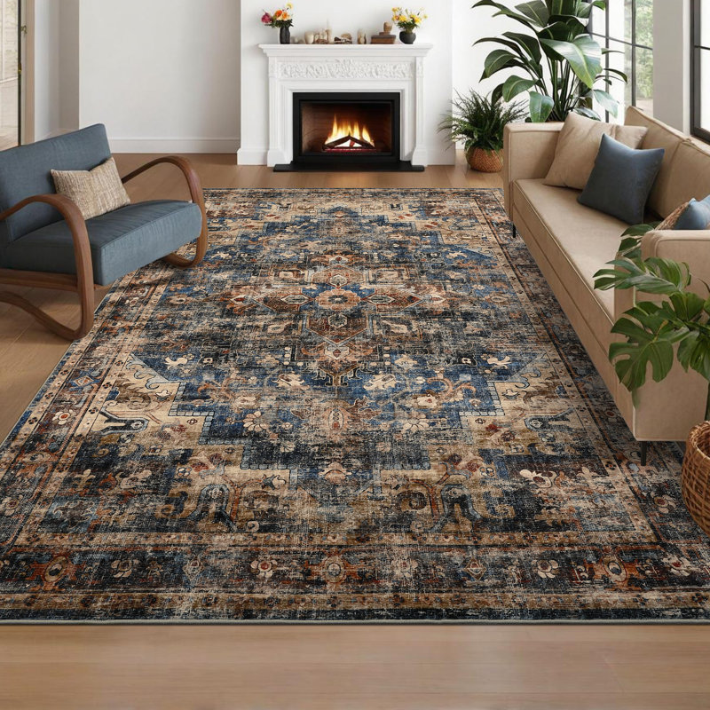 Vintage Rug Washable Area Rugs for Living Room Non Slip Retro Oriental Indoor Carpet Soft Non-Shedding Floor Mat Low Pile Thin Foldable Floor Cover for Dining Room Bedroom Nursery Playroom