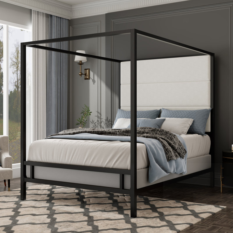 Luxueux lit à baldaquin moderne avec tête de lit tapissier en velours, structure en métal durable et conception élégante à 4 affiches pour une expérience de sommeil royale