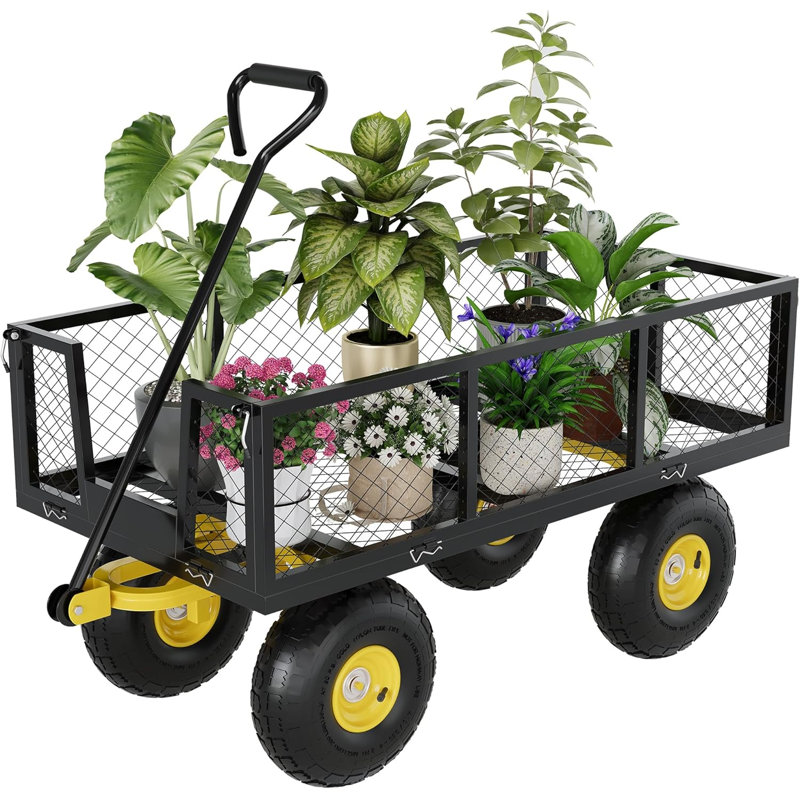 Chariot de jardin robuste, chariot en acier d'une capacité de 900 lb, roues tout-terrain de 10 po, poignée rotative, noir et jaune